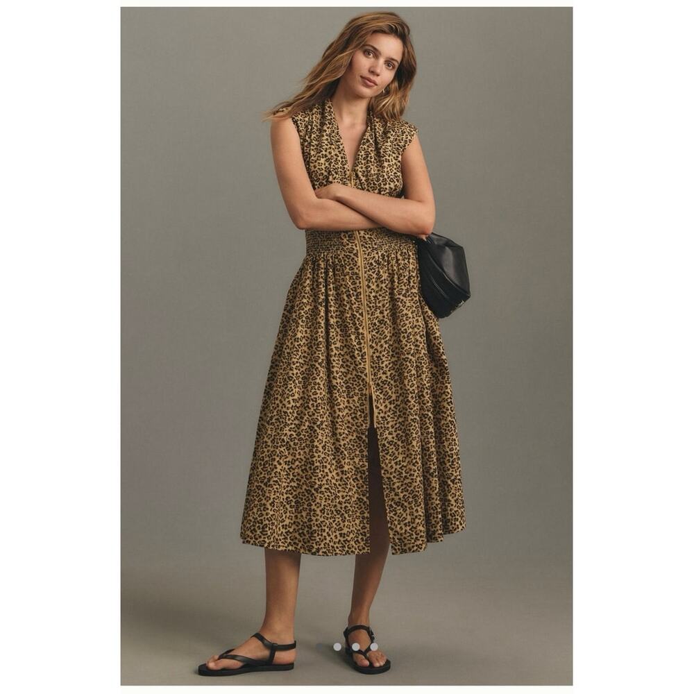 Anthropologie Maeve The Tommie Cap-Sleeve Smocked Front-Zip Shirt Dress, XS